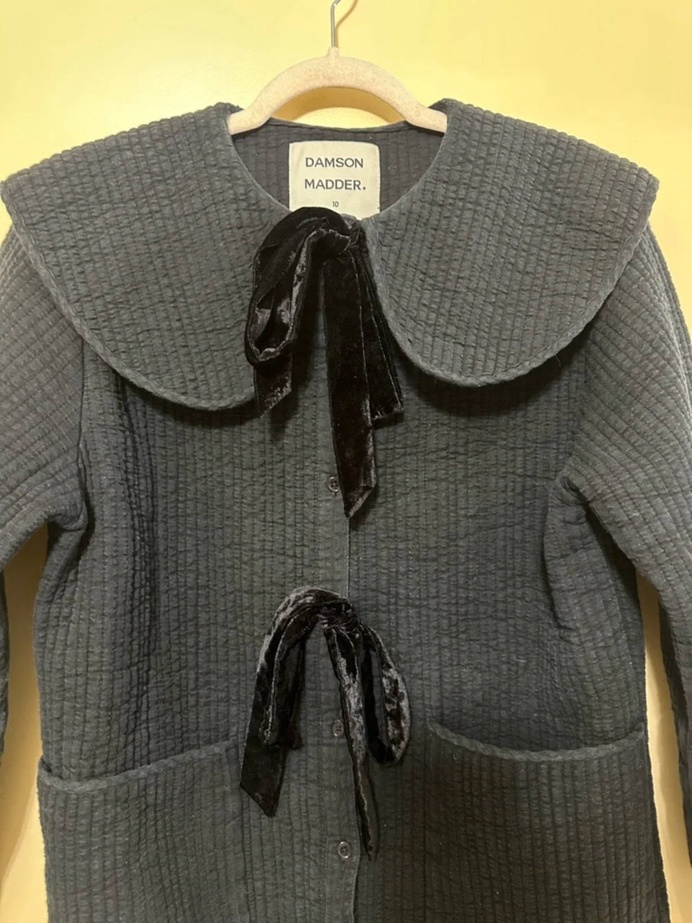 Damson Madder Quilted Peter Pan Collar Button Up Coat Velvet Tie Women 10 Black - Picture 2 of 7